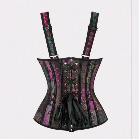 NWT Patchwork Multicolor Floral Jacquard Lace Up Corset SZ L - Picture 3 of 15